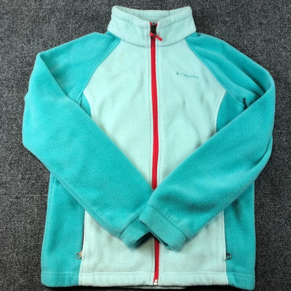 Columbia Sportswear Youth Fleece Jacket Full Zip Turquoise Red Accent Large